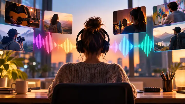 A clean audio-player composition with colorful waveforms and small creator portraits.