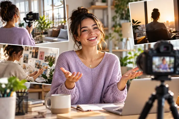 Layered editorial photographs featuring a smiling creator in a bright workspace.